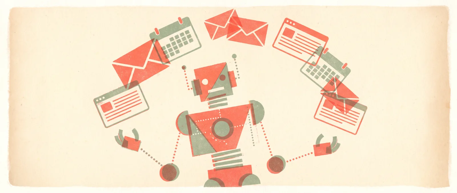 Illustrazione in stile risograph di un amichevole assistente robot che gioca contemporaneamente con buste, schede del calendario e finestre di documenti sospese