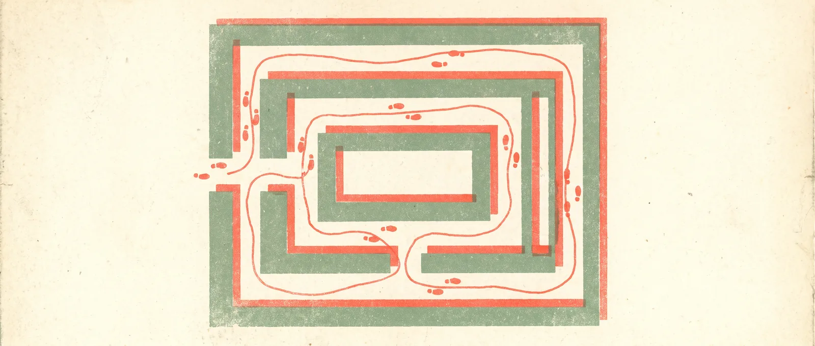 Risograph illustration of nested containment walls seen from above with a single thin thread tracing a path outward through every layer