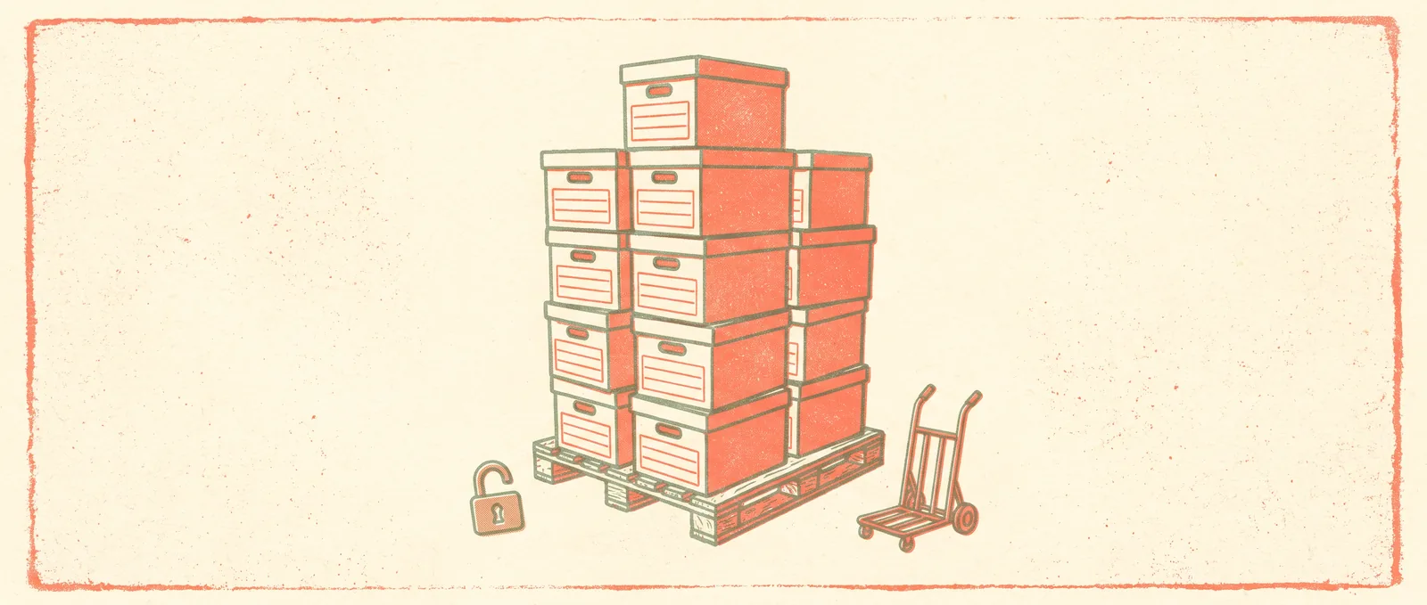 Illustrazione in stile risograph di un’altissima pedana carica di casse d’archivio accanto a un minuscolo lucchetto aperto e a un carrello troppo piccolo