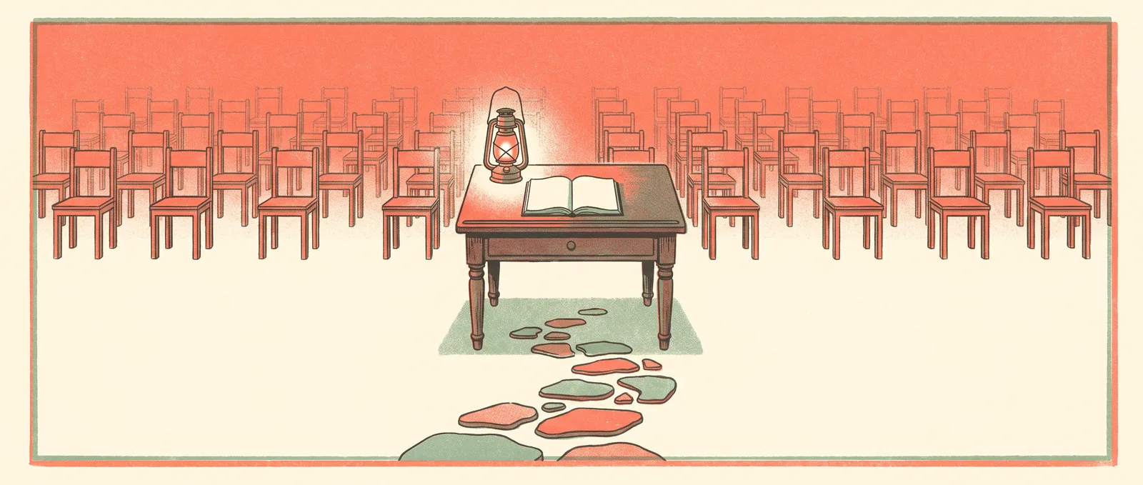 Illustrazione in stile risograph di un’aula universitaria vuota che sfuma dietro una sola scrivania illuminata, raggiunta da una fila di pietre