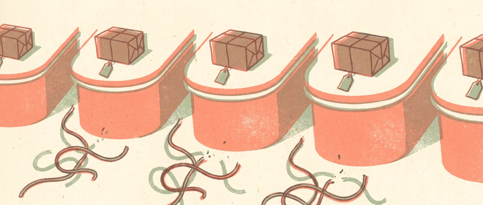 Illustrazione in stile risograph di sportelli identici che ricevono ciascuno un pacco autonomo con etichetta, mentre i cavi aggrovigliati scompaiono
