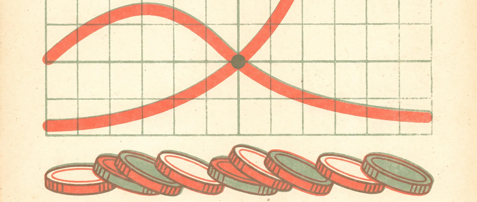 Illustrazione risografica di due curve che si incrociano su una griglia tenue sopra una fila di monete impilate