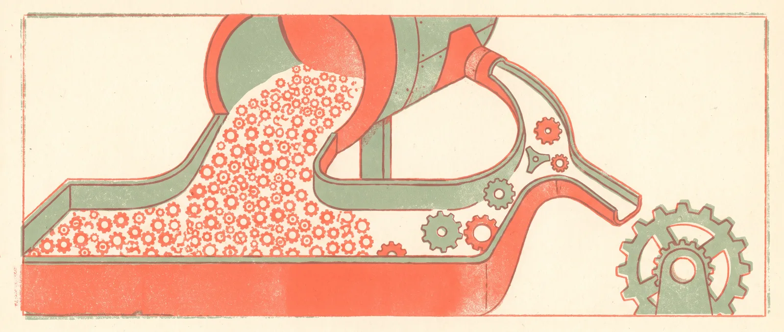 Illustrazione in stile risograph di un imbuto che riversa molti piccoli ingranaggi in un ampio canale, mentre alcuni vengono deviati in uno stretto condotto laterale verso un grande ingranaggio