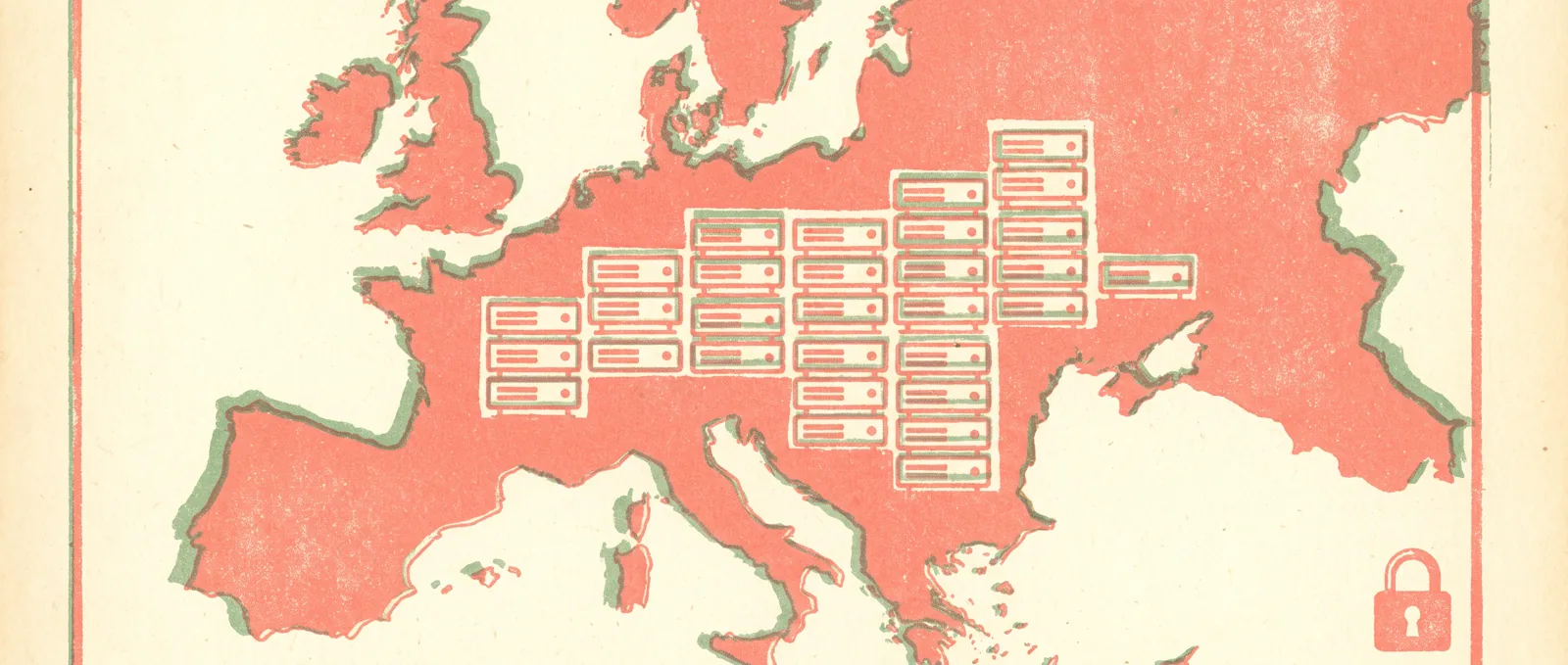 Illustrazione in stile risograph di rack di server raggruppati dentro una mappa stilizzata dell’Europa, con un piccolo lucchetto in un angolo