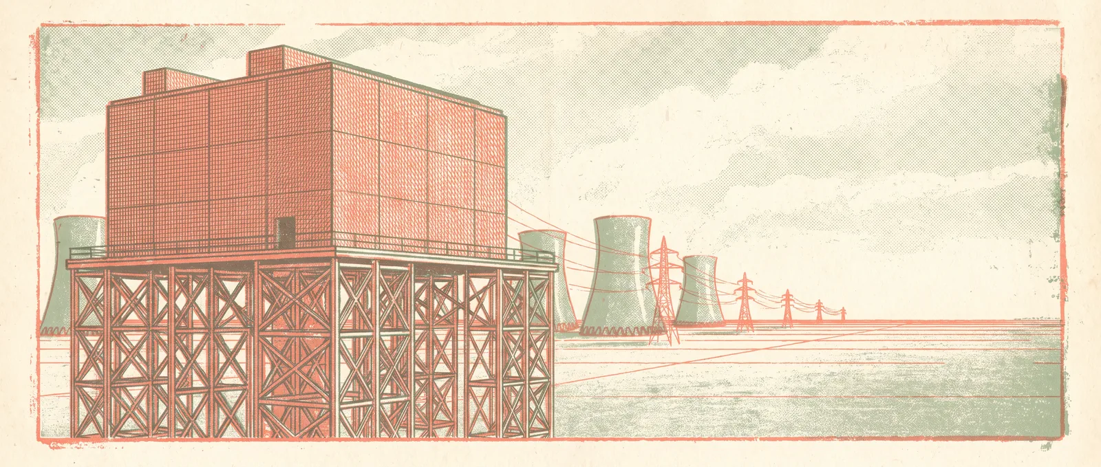 Illustrazione risografica di un’immensa sala server bassa sostenuta da un’enorme struttura di acciaio, con torri di raffreddamento in lontananza