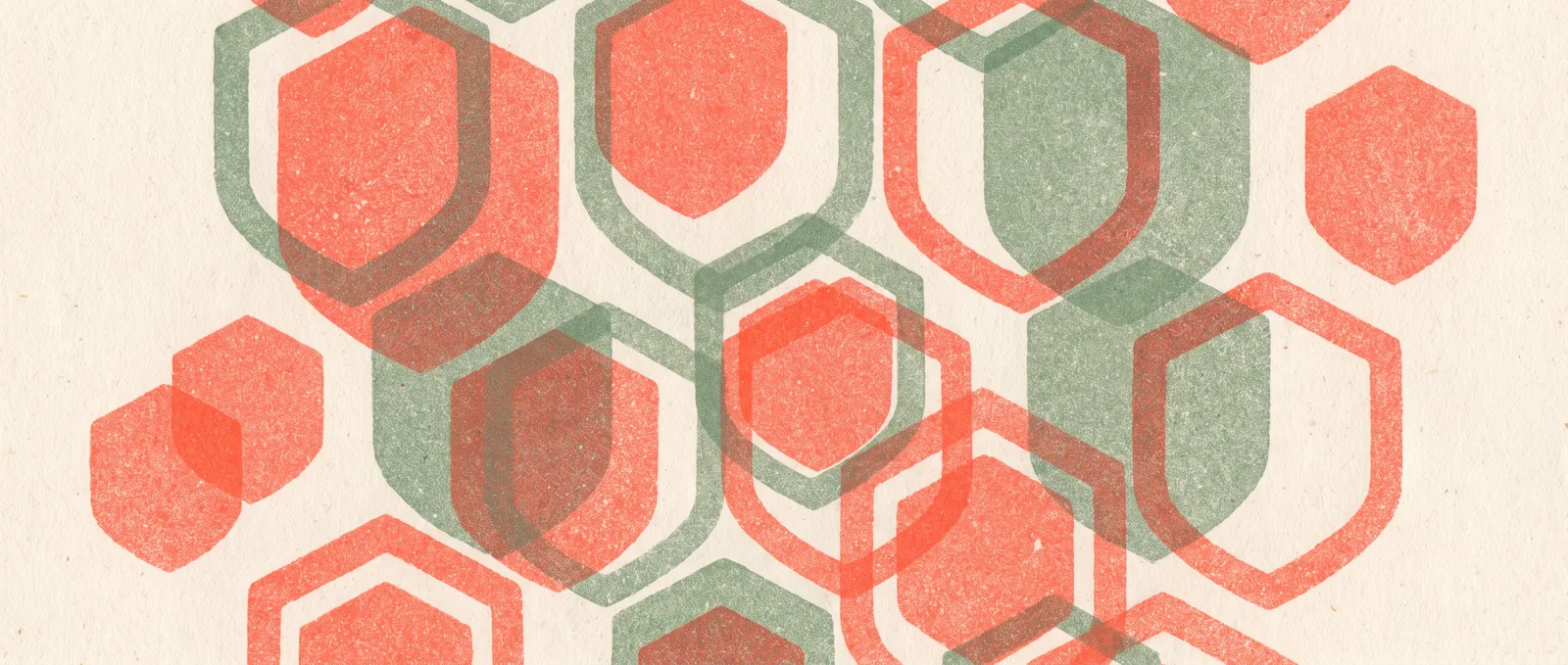 Illustration en risographie de nombreux petits boucliers hexagonaux qui s’emboîtent pour former un grand rempart