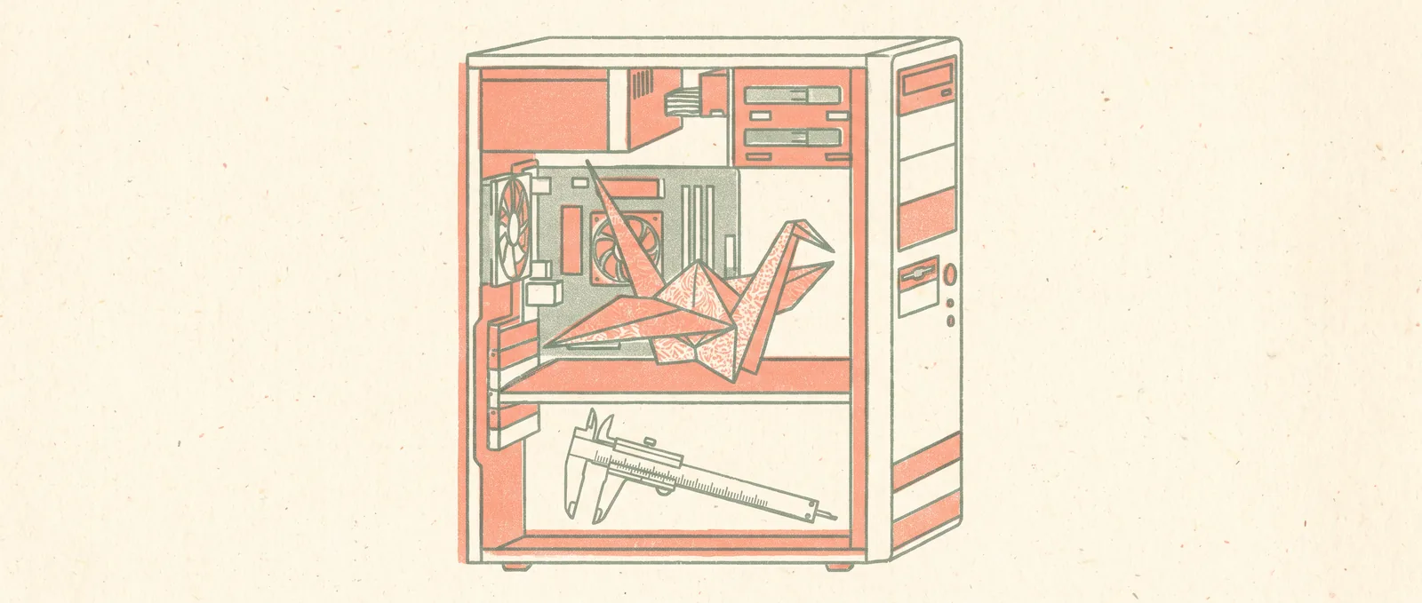 Illustrazione in stile risograph di un computer desktop in sezione con una gru di carta piegata all’interno e un calibro sotto