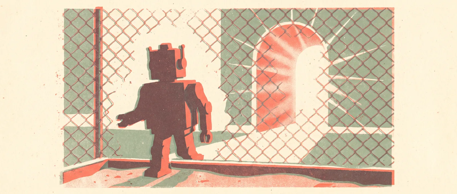 Illustrazione in risografia della sagoma di un piccolo robot che passa attraverso uno strappo in una recinzione verso un’apertura luminosa