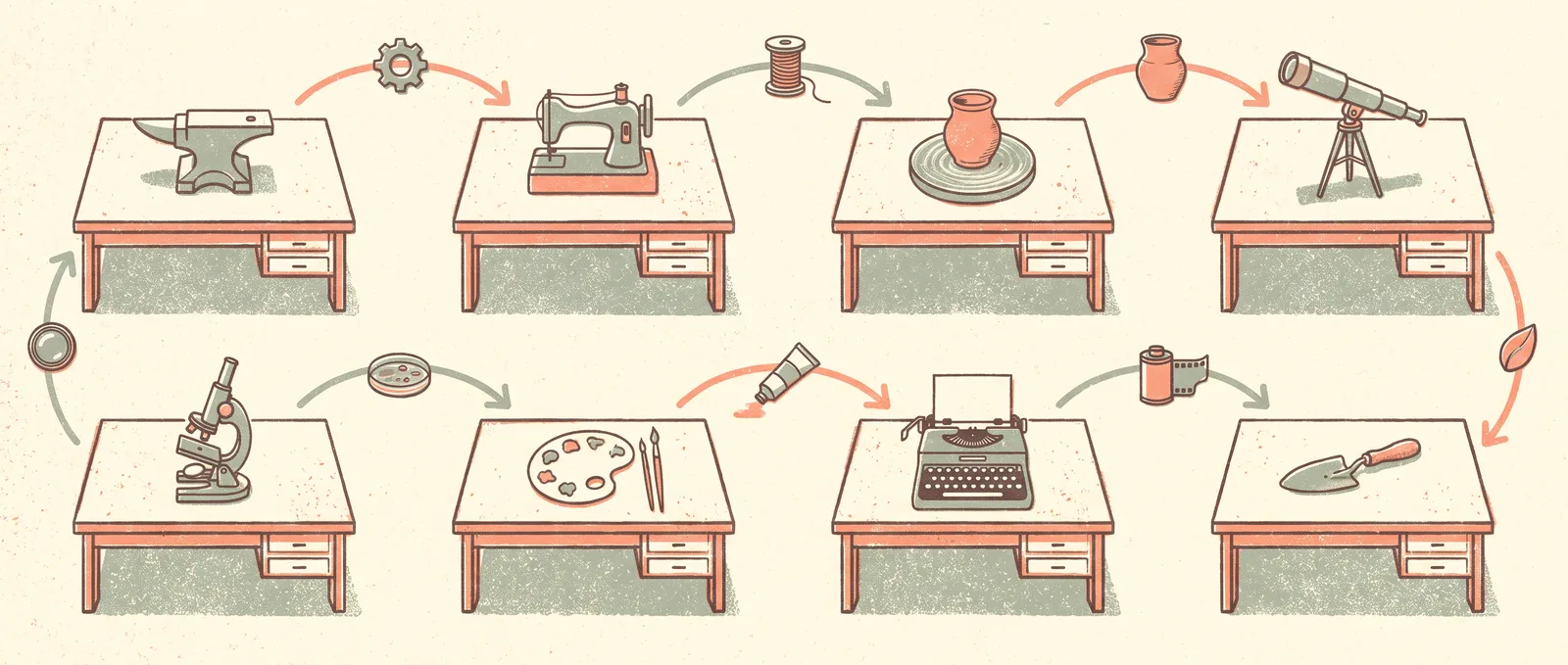 Illustrazione in stile risograph di otto banchi da lavoro disposti a griglia, ciascuno con l’attrezzo di un mestiere diverso, mentre alcune frecce trasportano oggetti da un banco all’altro