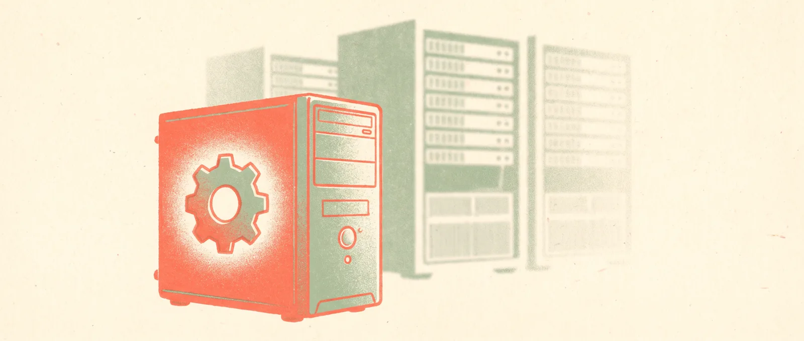 Illustrazione in risografia di un piccolo computer desktop luminoso con un grande ingranaggio davanti a rack di server molto più grandi e sbiaditi