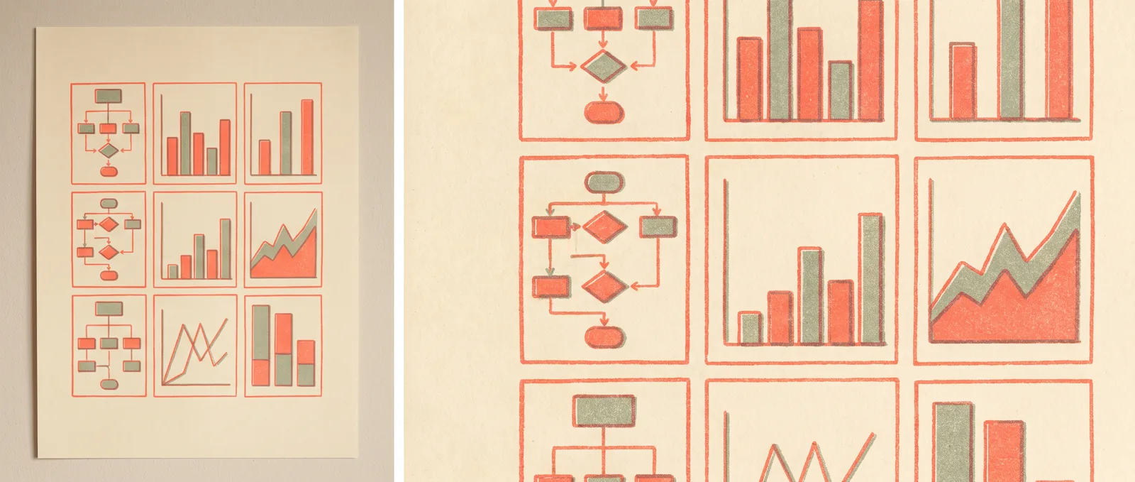Illustrazione in risografia di un foglio stampato riempito da una griglia tre per tre di piccoli pannelli infografici e grafici