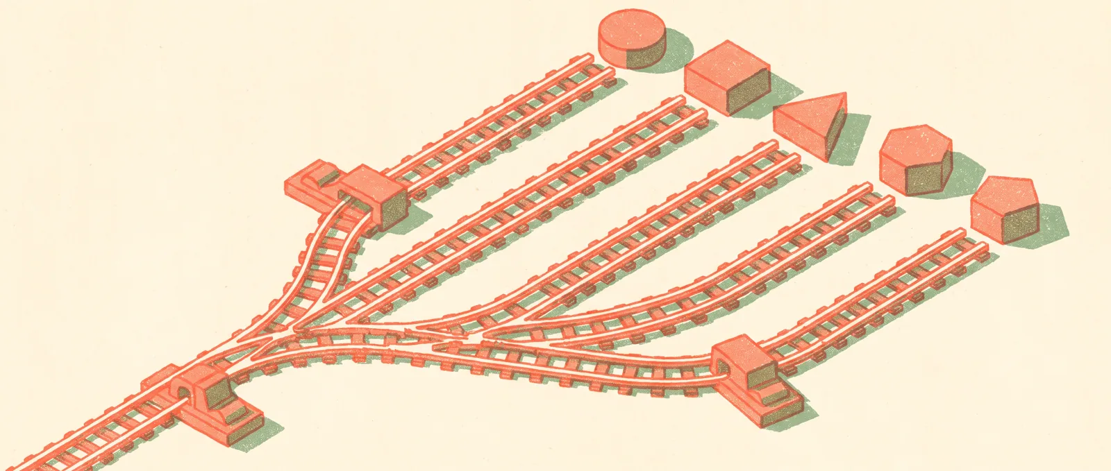 Illustrazione in stile risograph vista dall’alto di uno scalo ferroviario in cui un binario si divide in cinque, ciascuno terminante davanti a un diverso blocco geometrico