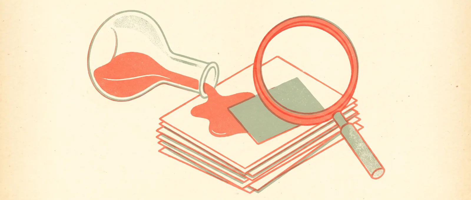 Illustrazione in stile risograph di una beuta da laboratorio che versa liquido su una pila di fogli d’esame vuoti, con una lente d’ingrandimento che rivela una scheda nella pila sbagliata