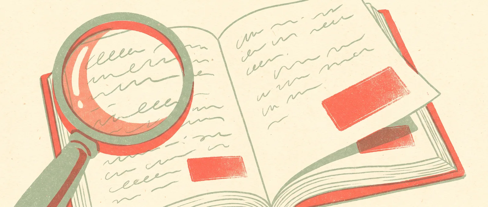 Ilustración risográfica de una lupa enorme que recorre varias páginas manuscritas, algunas ya marcadas con un sello