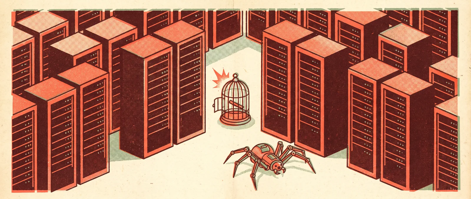 Illustrazione in stile risograph di una piccola gabbia per uccelli in un labirinto di armadi server, con un ragno meccanico bloccato a metà passo davanti a essa
