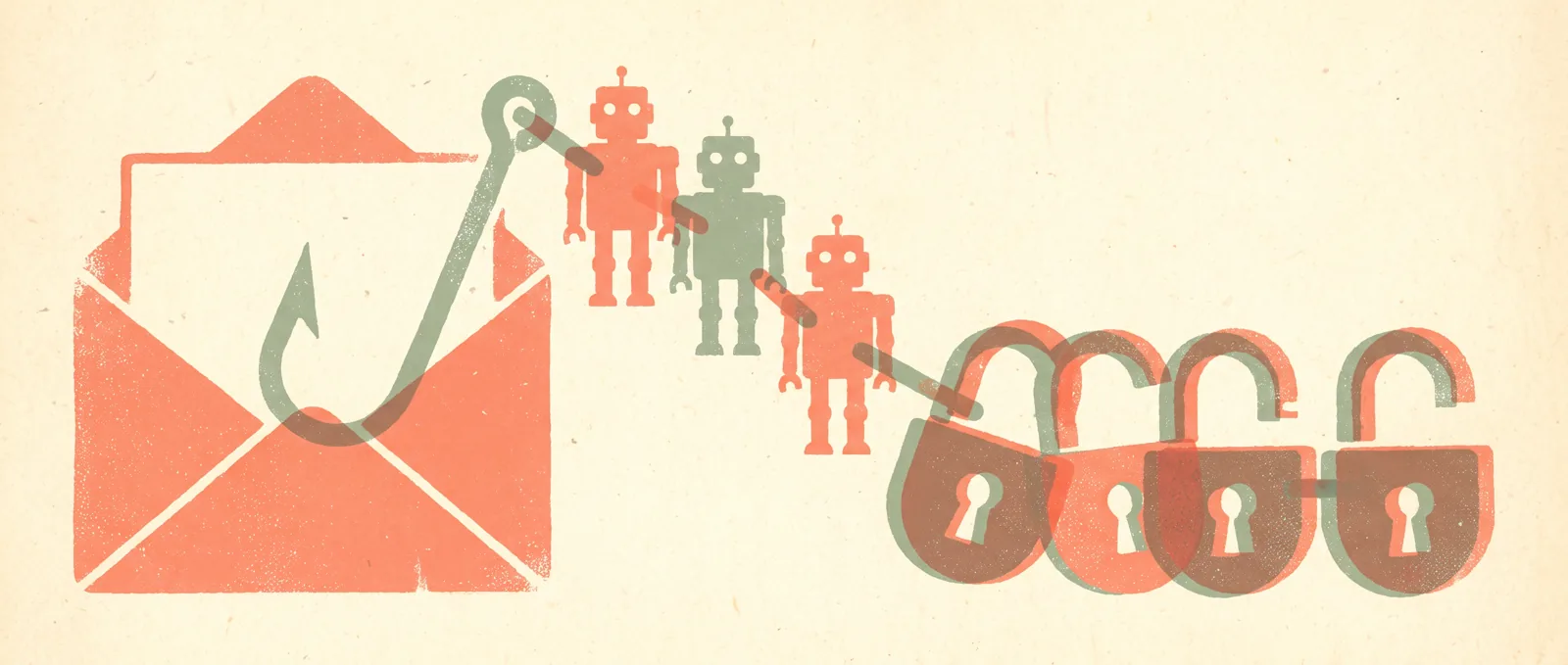 Illustrazione in stile risograph di una busta aperta con un amo da pesca, che si dispiega in una catena di piccole sagome di robot collegate a lucchetti aperti